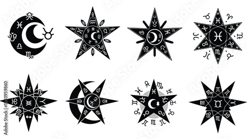 Stylized collection of mystical astrological and occult symbols, featuring intricate stars, crescent moons, and zodiac, isolated on white background