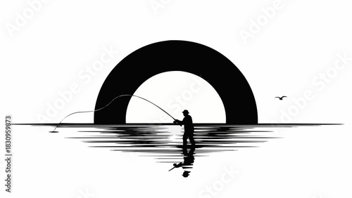 Silhouette of a lone fisherman casting a line into calm water at sunset.