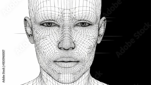 Wireframe Portrait - A Digital Human Face in Black and White.