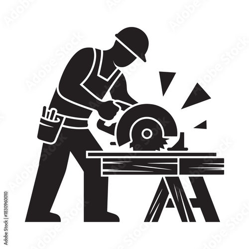 Construction worker using a circular saw on a workbench
