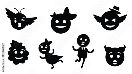 Diverse black silhouette cartoon characters: winged, horned, and smiling faces, plus dynamic running figures. Flat, isolated on white background