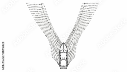 Boat sailing through water creating wake lines in a V shape.