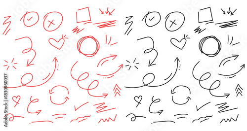 Hand Drawn Doodle Elements with Arrows and Symbols for Emphasis and Design. Half in Red and Half in Black Perfect for Creative Projects