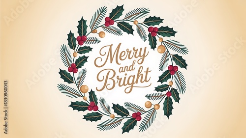 Merry and Bright Christmas Wreath Illustration with Holly Leaves Berries and Festive Design
