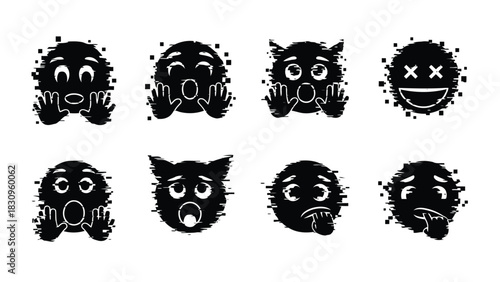 Eight black and white flat vector emoji faces with digital glitch effect, expressing surprise, fear, disgust, and, isolated on white background