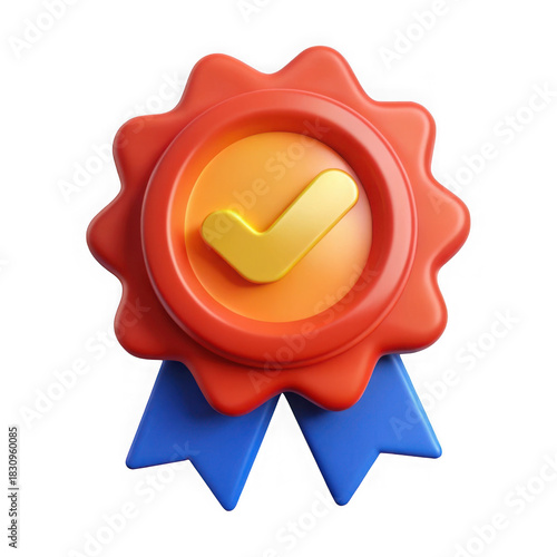 Red and gold award ribbon with blue ribbon tails isolated on transparent background
