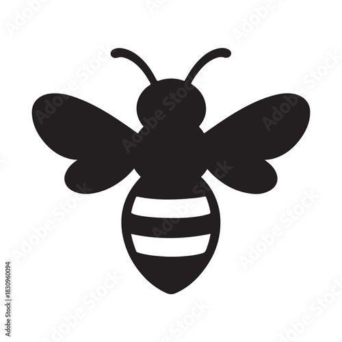 Black silhouette of a bee with striped abdomen isolated on white background