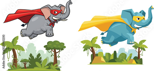 Cute superhero elephant flying over jungle landscape illustration set in multiple styles for cartoon character artwork design