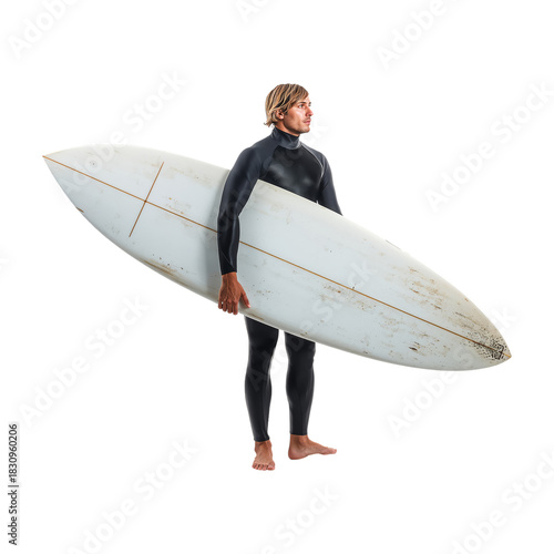 Surfer Carrying a Long Board Ready for Waves on the Beach in Bright Sunshine