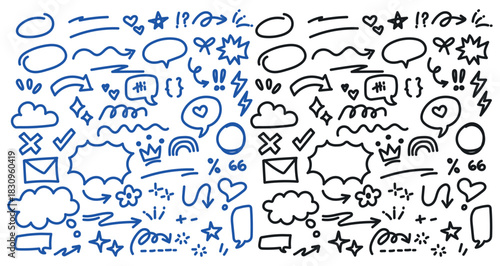 Hand Drawn Doodle Elements with Arrows Speech Bubbles Hearts and Stars for Design Projects in Blue and Black A Versatile Set for Creative Applications