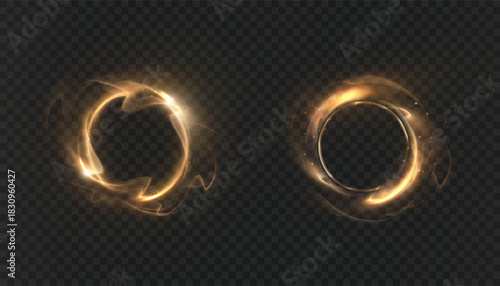 Golden glowing energy rings with swirling streams of light and bright backlighting against a dark background. Abstract magical portals and halos for overlays and game design.