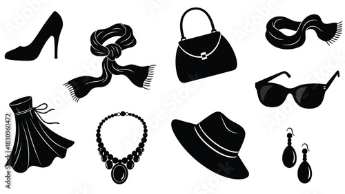 Flat vector illustration of women's black silhouette fashion accessories: high heel, handbag, dress, scarf, sunglasses,, isolated on white background
