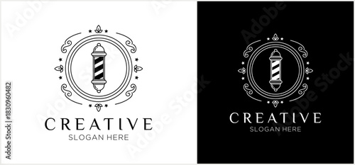 An elegant barbershop logo template featuring a classic barber's pole inside an ornate, vintage-style circular frame, shown in black and white.