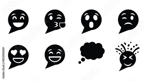 Set of expressive flat vector speech bubble emoji icons depicting various emotions including happiness, surprise, love,, isolated on white background