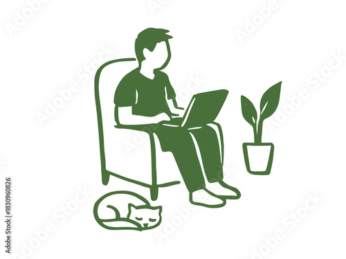 Man with laptop and cat home office sketch vector illustration
