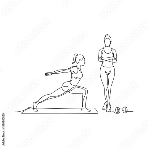 Woman performing warrior one yoga pose with instructor nearby