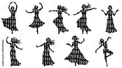 Flat vector illustration of elegant female dancer silhouettes, intricately patterned with ancient runic symbols,, isolated on white background