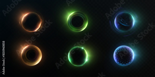 A set of glowing neon energy rings in vibrant colors on a dark background. Abstract sci-fi circles and portals for HUD interfaces, game design, and futuristic overlays.