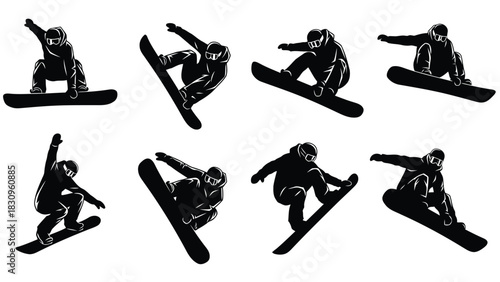 Set of dynamic black silhouette snowboarders performing various tricks and jumps in a flat vector illustration style,, isolated on white background