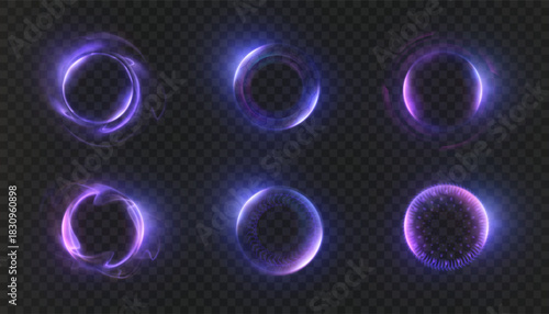 Bright, glowing circles, spheres, and energy rings with backlighting and an internal glow of purple-blue hues. Vector circles and portals for HUD interfaces, game design, and futuristic overlays