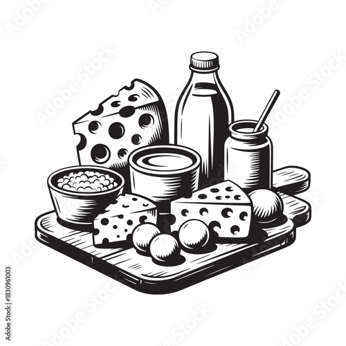 Rustic sketch of assorted dairy products on a wooden board