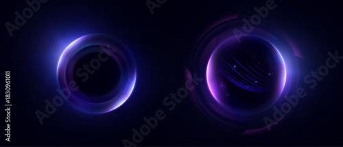 Glowing neon magic spheres with blue and purple halos on a dark background. Abstract energy balls for interfaces, game effects, and magical elements.	
