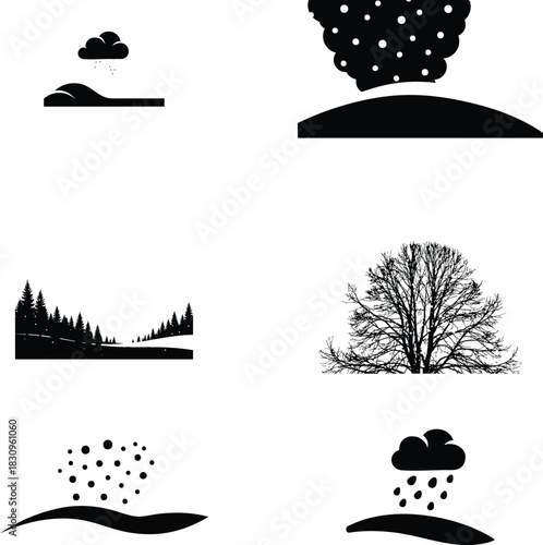 Silhouette Winter Weather Icon Set with Trees and Precipitation Symbols Landscape Depictions
