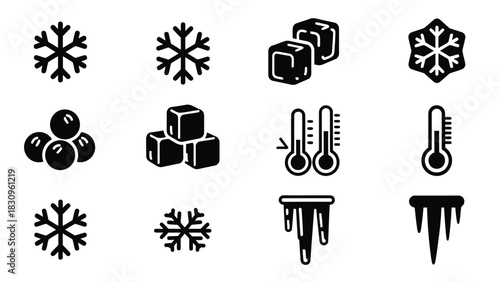 Flat vector icons of winter and cold elements, including snowflakes, ice cubes, snowballs, thermometers, and icicles,, isolated on white background