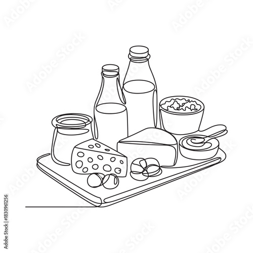 Black and white sketch of dairy products on a wooden board