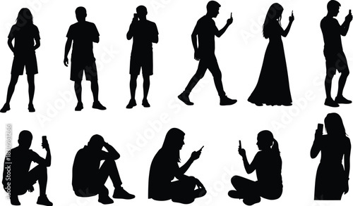 Diverse People Using Mobile Phones Silhouette Vector Collection, Men and Women Walking, Standing, and Sitting, Depicting Digital Communication, Social Media Networking