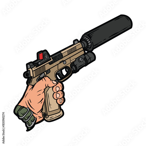 Hand Holding Modern Tactical Pistol with Suppressor, Red Dot Sight, and Flashlight Vector Illustration