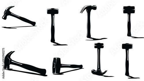 Comprehensive collection of black hammer silhouettes, featuring various claw hammers and heavy mallets displayed in, isolated on white background