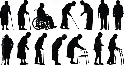 Elderly People Silhouette Vector Set, Seniors with Walking Stick, Wheelchair, and Walker Illustrating Aging, Disability, and Retirement, Health Care and Gerontology Icons Isolated on White.