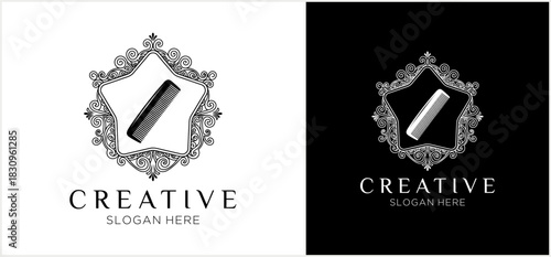 Elegant logo design featuring a comb within a decorative star-shaped frame, with "Creative" text.