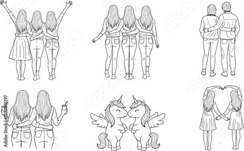 Back-view people and unicorn illustration set, friendship pose vector art, cad drawing flat vector illustration, black graphic design artwork