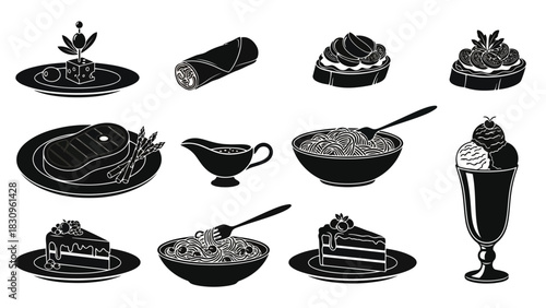 Flat vector illustration of restaurant food icons, including steak, pasta, cheese, spring roll, cake, and ice cream,, isolated on white background
