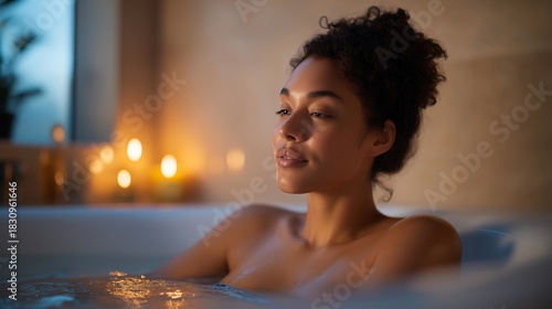 Anxiety-free evening routine with a person soaking in a warm bath surrounded by candles and essential oils, steam rising gently as they unwind — self-care ritual, relaxation therapy, and peaceful