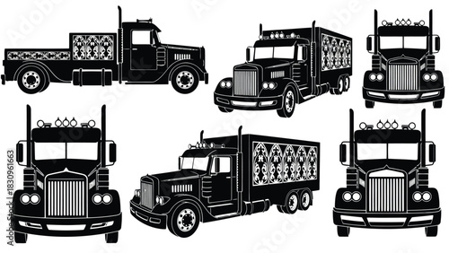 Flat vector black and white heavy duty semi trucks and a pickup truck, featuring ornate decorative panels, prominent, isolated on white background