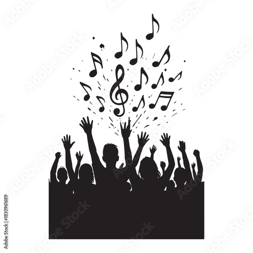 Rising Crowd Anthem: Energetic Silhouettes, Music Notes, Dynamic Concert Vibes, Vibrant Nightlife Celebration