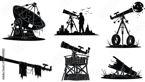 Distressed astronomy equipment silhouettes: broken satellite dish, astronomer with telescope, makeshift tire scope,, isolated on white background