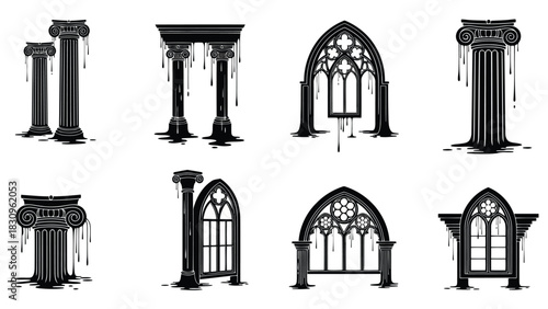 Dark gothic architectural elements, featuring melting Ionic columns and ornate arch windows with eerie dripping effects., isolated on white background