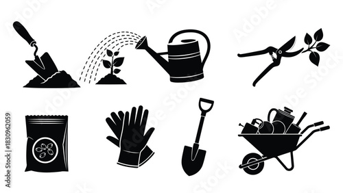 Flat vector illustration of gardening tools: trowel, watering can, shears, seed packet, gloves, shovel, wheelbarrow,, isolated on white background