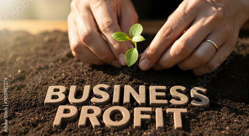 Business Profit Text with Hands Planting Seedling – Financial Growth Concept