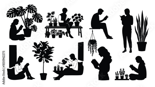 Detailed flat vector illustration of diverse people silhouettes reading books and nurturing various houseplants,, isolated on white background