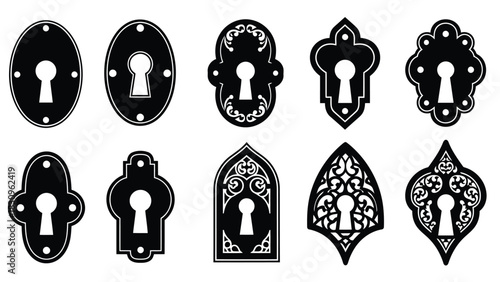 Flat vector illustration of antique keyhole escutcheons with ornate and simple decorative shapes, symbolizing security, isolated on white background