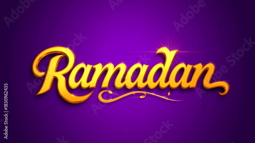 Golden calligraphy text of the word ramadan in elegant script on a purple background