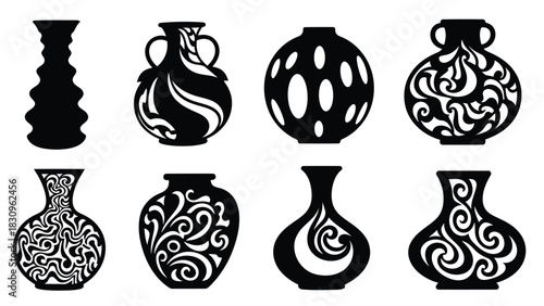 Diverse collection of eight elegant decorative black vector vases, each featuring unique intricate scrollwork, organic, isolated on white background