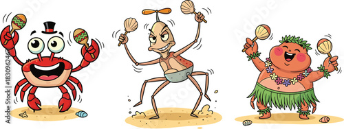 Dancing crab insect and island dancer with maracas, fun tropical cartoon characters performing music in lively beach illustration