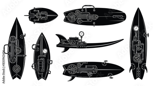 Flat vector illustration of steampunk surfboards, featuring gears, pipes, gauges, and fins, showcasing retro futuristic, isolated on white background