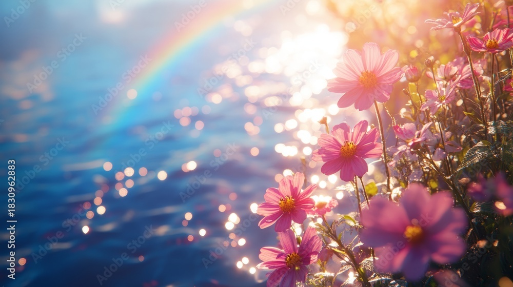 Naklejka premium Bright pink flowers flourish near a sparkling body of water, illuminated by sunlight and accompanied by a rainbow